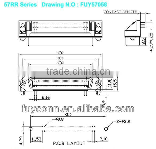 57 Series Righat Angle PCB Mount 25 pairs centronix connector 50 pin Female Receptacle