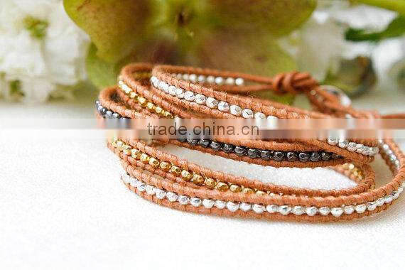 Gold plated Stripe Leather Bracelet with colorful beads
