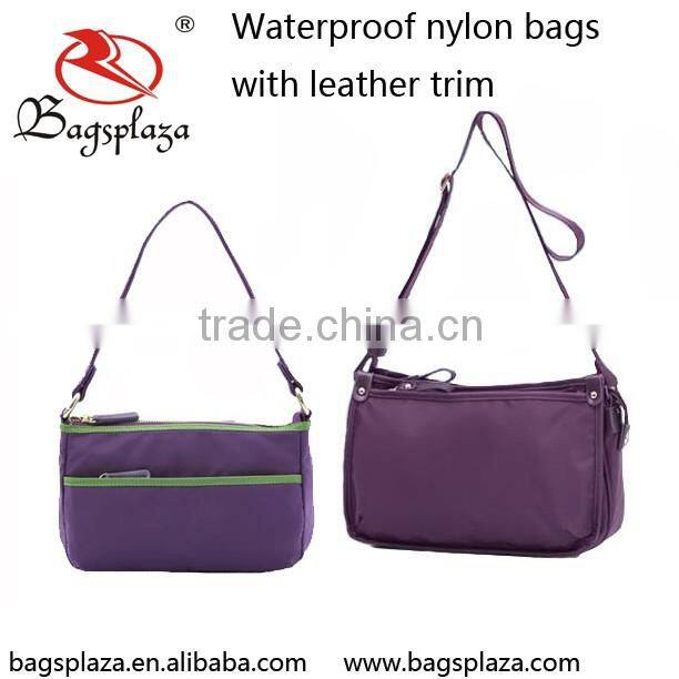 Alibaba China High Quality Woman Casual Nylon Sling Handbag With Leather Trim