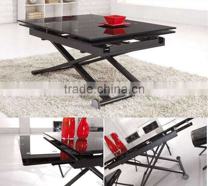 L808H Glass Table - Extendable Size And Height, Glass Metal Dining Coffee Table