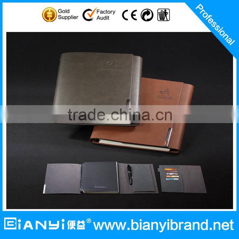 High quality PU Notebook, side binding notebook with book mark and pocket, embossed notebook