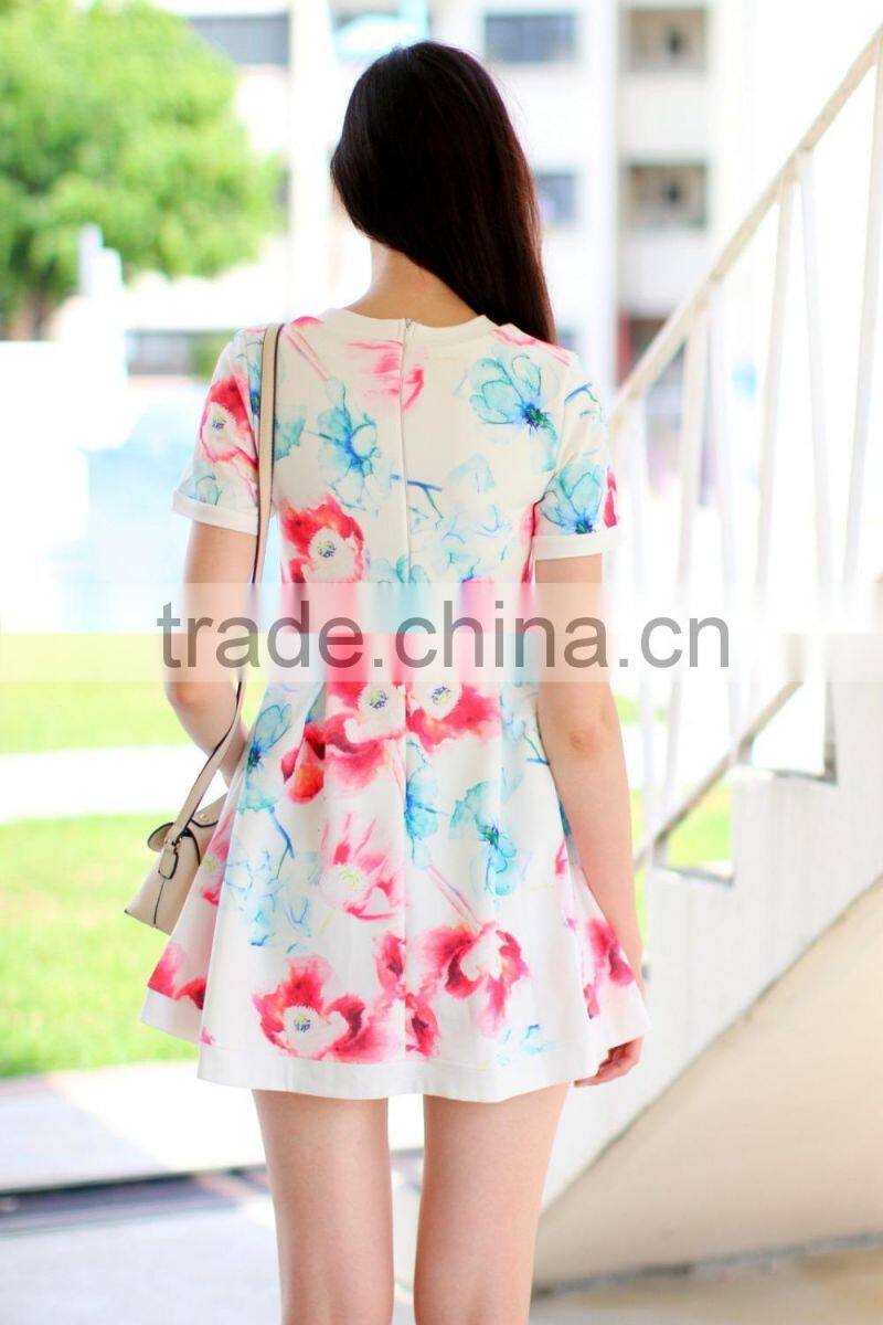 New design short sleeve dress in mix floral korean dresses new fashion lady dress