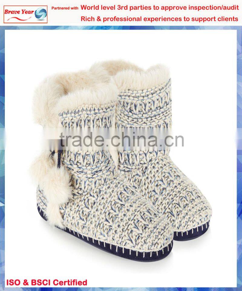 Textuted knitted mid fancy boots for women,fur pom pom boots,winter boots with fur inside