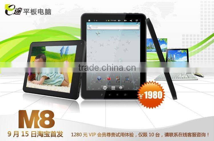 Andriod2.3,8"MID,RK2918(1.2GHZ A8),DDR3 512MB,support 3G,WIFI,800*400pixel ,5point touch capacitance screen support G-sensor,3D