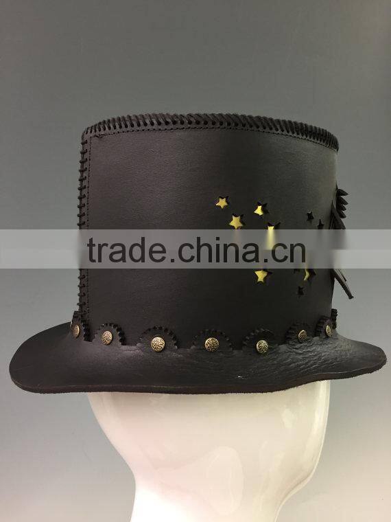 Black leather Victorian Corset style / Steampunk / Gothic / Emo style Top Hat w. solid metal bat badge
