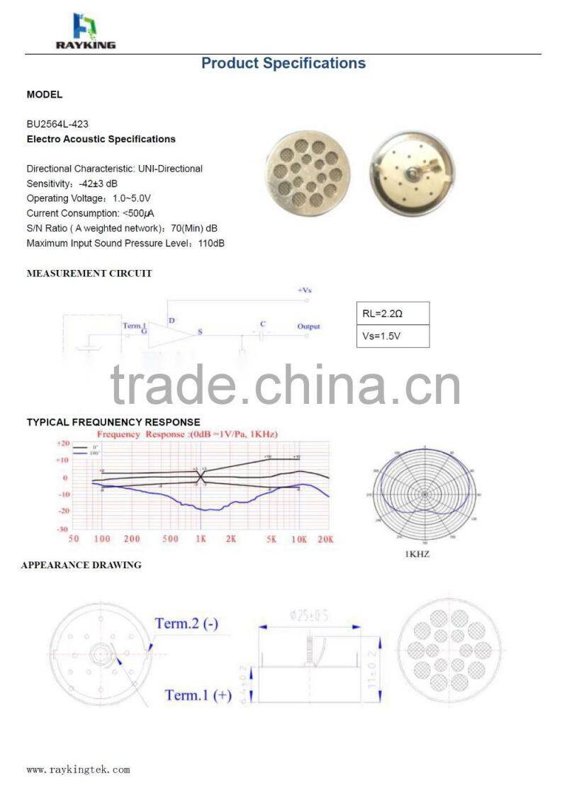 25X6.4mm -42dB big size capacity mic capsule for microphone unidirectional