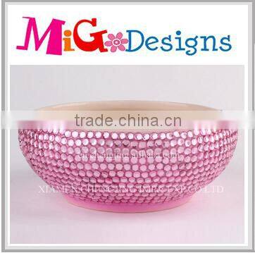 OEM Decor Art Gift Ceramic Round Shape Rhinestone Pet Dog Bowl