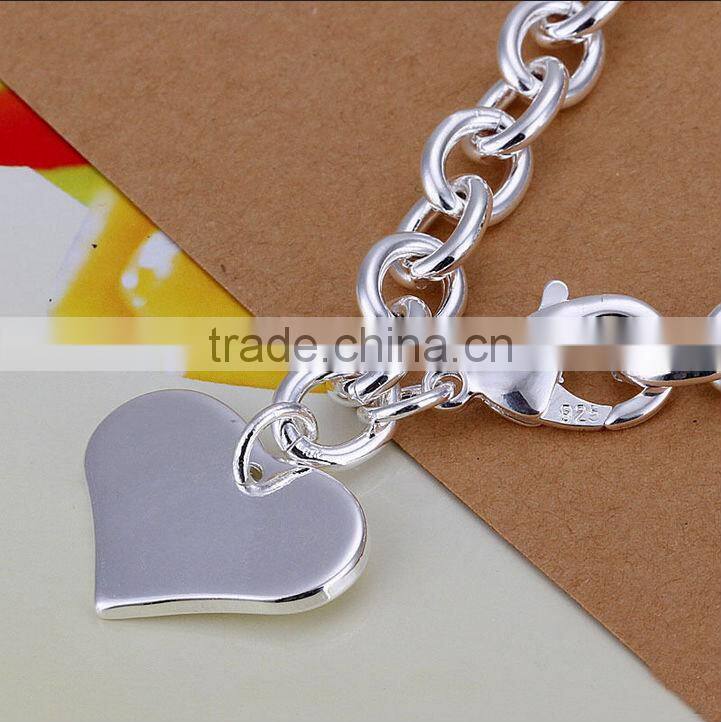 Wholesale New WOMEN GIRLS 925 STERLING SILVER Filled Solid Heart Bracelet Heart Pendant