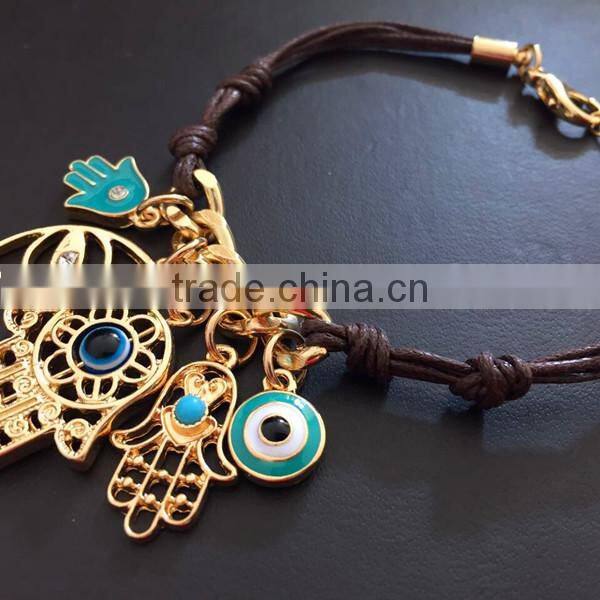 gold hamsa hand fatima hand evil eye charms bracelet wax cord bracelet