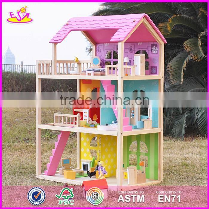 2017 new products customized pink wooden girls dolls house W06A171