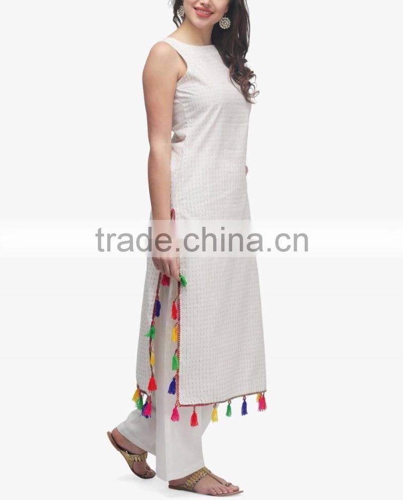 Latest Elegant Off White Printed Sleeveless Pathani Kurta With Pom Pom Trim Designer Long Kurti Designs HSd5016
