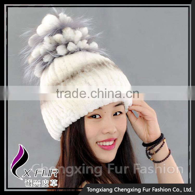 CX-C-245C Custom Cute Pom Pom Rex Rabbit Fur Beanie Hat And Cap Fur Hats