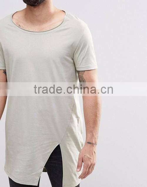 China suppliers custom men summer fashion 100% cotton raw scoop neck split hem long line t-shirt