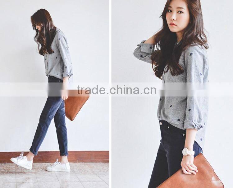 100 cotton comfortable long sleeve leaves Embroidery striped shirts for women stand collar shirts