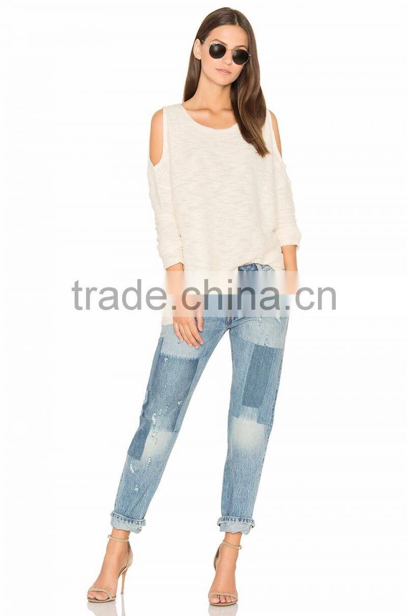 Hot selling open shoulder lace applique woman sweater wholesale woman blouse design sweater 2017