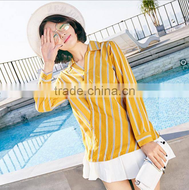 New Korean Version Women Clothing striped Deep v neck Chiffon T Shirt