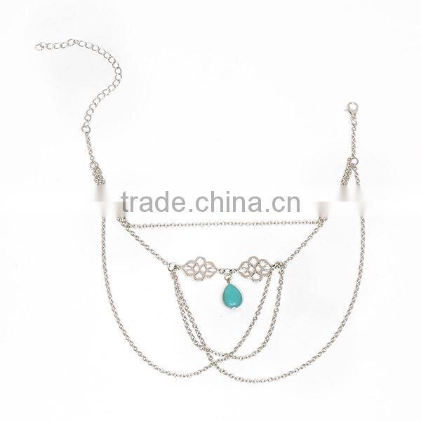 New Fashion Link Cable Chain Silver Tone Hollow Pattern Carved Connector With Turquoise Drop Pendant Body Arm Chain Necklace