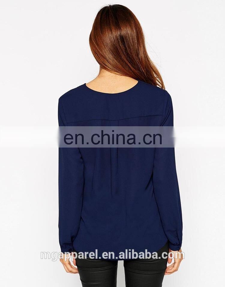 New design draped trim long sleeve woman blouse 2015 fashion chiffon blouse