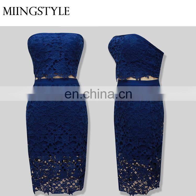 fashion oem off shoulder sexy midi dresses bodycon bandages two piece evening dress production