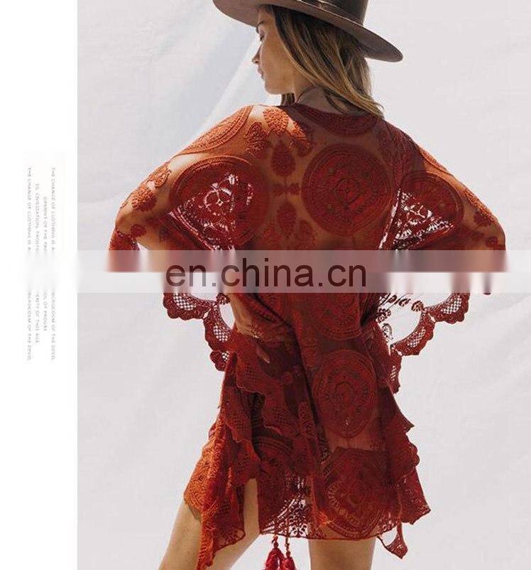 Sexy Lace Up Hollow Out Tassel See Through Midi Dress Oversized Summer Transparent V Neck Dress Plus Size Beach Cover Tunic