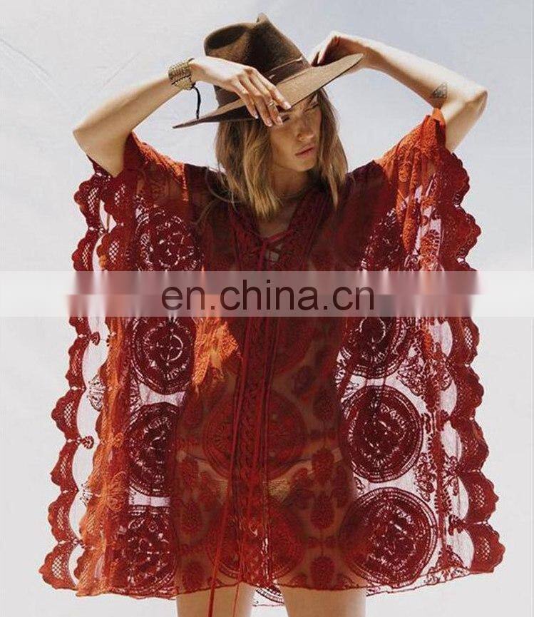 Sexy Lace Up Hollow Out Tassel See Through Midi Dress Oversized Summer Transparent V Neck Dress Plus Size Beach Cover Tunic