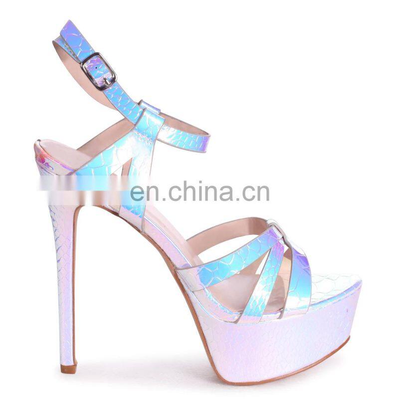 Silver mermaid heavy stiletto ladies platform with gathered front straps high heels sandals shoes ladies bridal footwear shoe