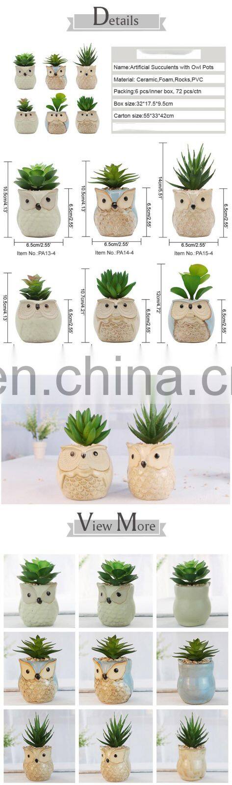 Home Decor Artificial Plant Faux Artificial Plastic Gree Mini Succulent Plants With Owl animal Pot