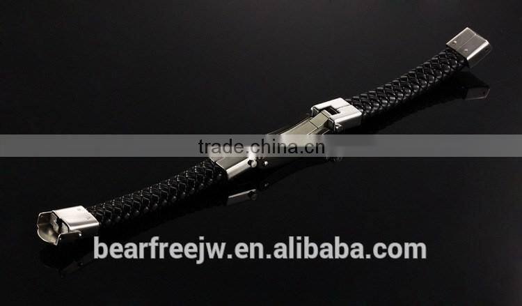 Fashion Solid Stainless Steel Cross Braide Leather Bangle Bracelet Men Jewelry