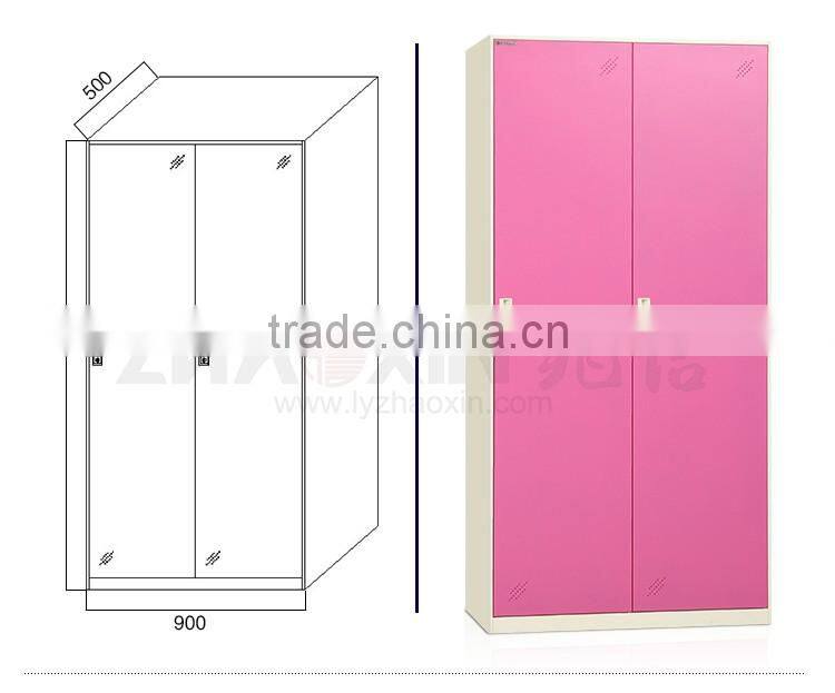 2 vertical door pink clothing steel locker hot sale steel locker with mirror key lock wardrobe cabinet