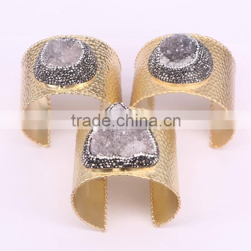 Gold Electroplated Brass Bangles, Natural Agate Quartz Stone Druzy Bangles in Adjustable Size