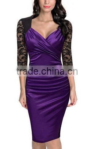 Women's Deep-V Neck Ruffles Floral Lace Fitted Retro Evening Pencil Dress