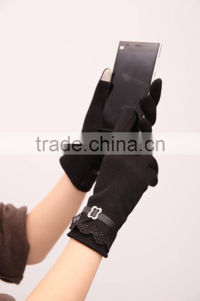 New Autumn Winter Womens Touch Screen Gloves Winter Knit Velvet Warm Gloves Mittens Lace Side Design
