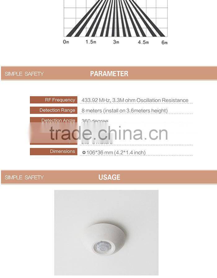 433.92Mhz wireless CEILING CPIR Sensor auto detecting criminal indoor CPIR100B