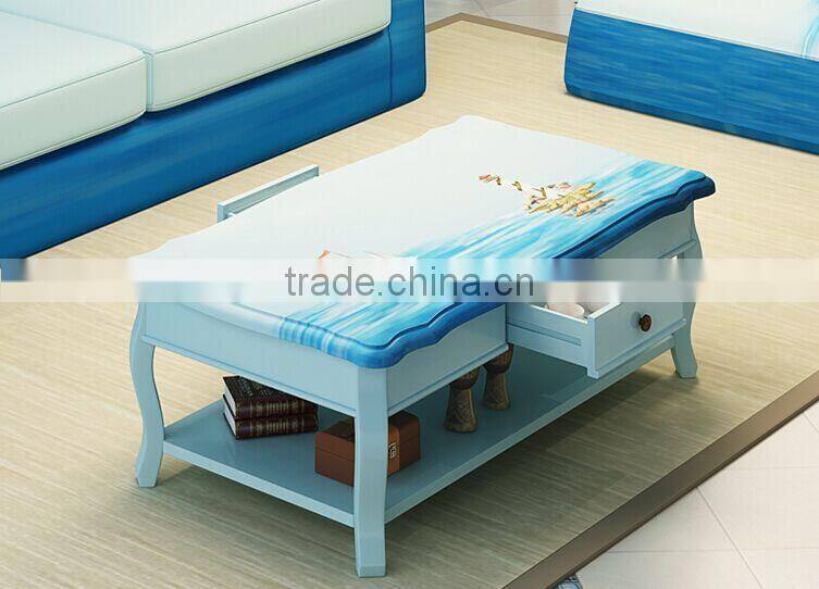 Mediterranean Style Coffee Table, Sailing Boat Handpainting Tea Table, Pastoral Solid Wood Living Room Coffee Table (BF01-X1157)