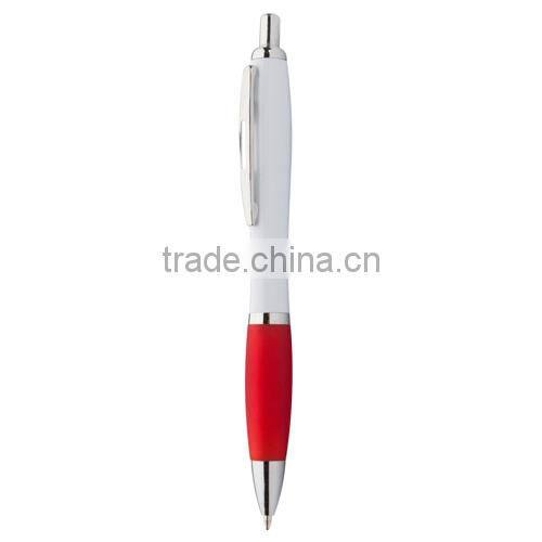 Popular white promotional pen with coloured rubber grip ans shiny chrome parts