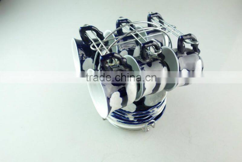 cheap wholesale porcelain blue glaze coffee tea set tableware cup and saucer with metal stand