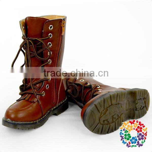 Wholesale Toddler Girls Round Toe Brown Leather Fashion Combat Boots