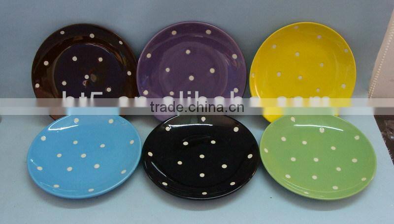 round restaurant ceramic fruit plates dishes with white dots