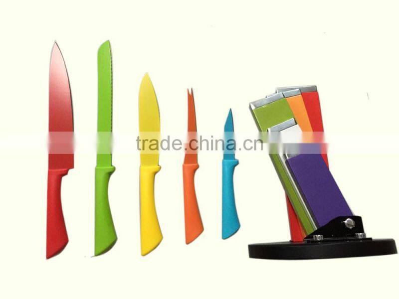 p45-059 6pc stainless steel color knife set with wooden folding block