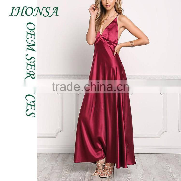 Ladies Fashion Names of Ladies Dresses with Pictures Wine Silky Plunge X Strap Slip Dresses HSD7833