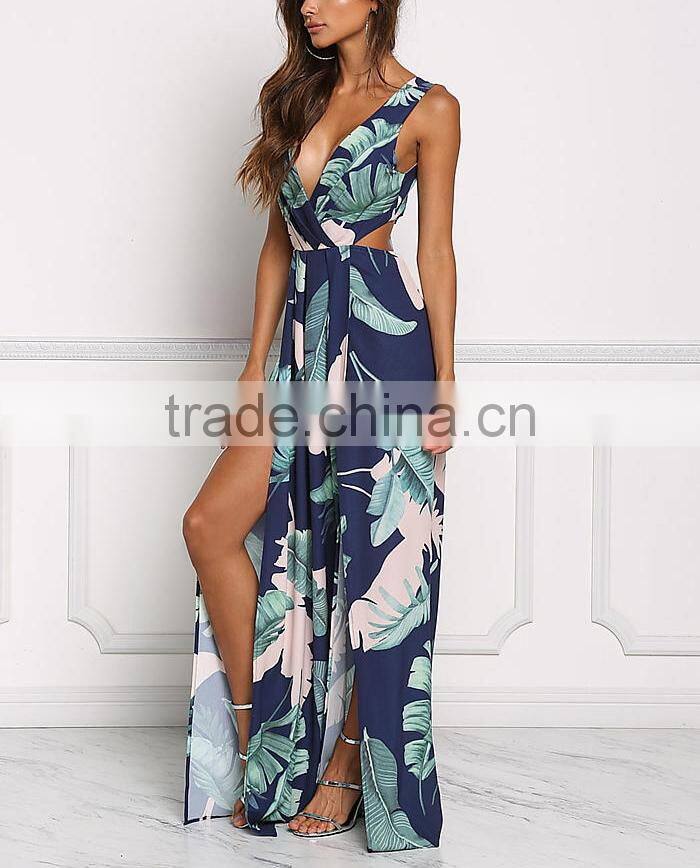 Navy Tie Back Leaf Print Women Maxi Long Party Dress Girls Without Dress Sex Picture HSd5187