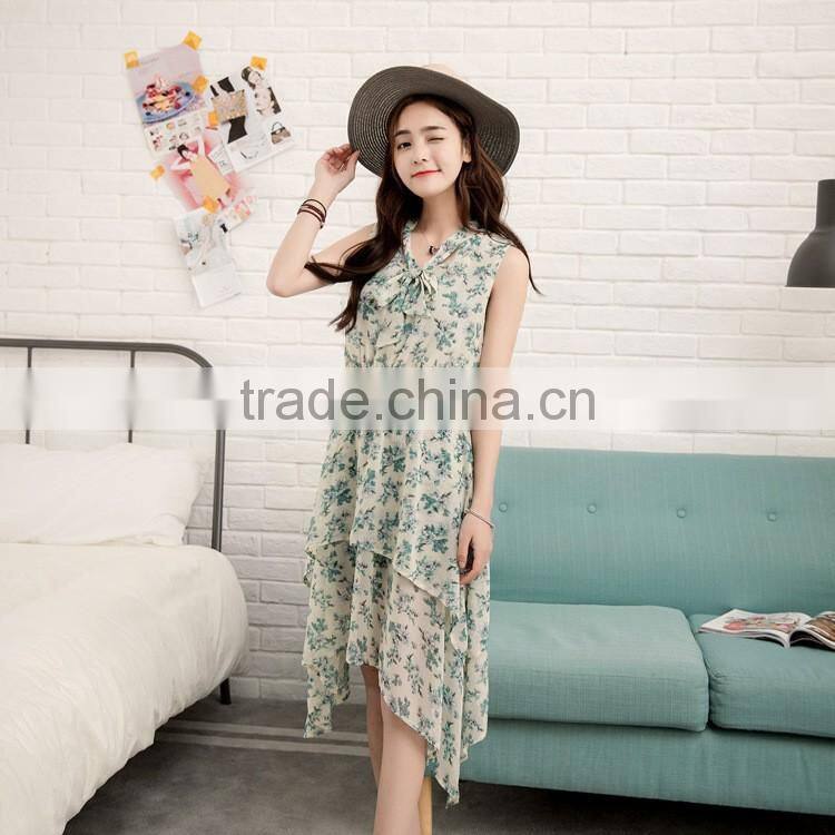 Floral print ruffles chiffon maxi dresses Strap v neck beach summer dress