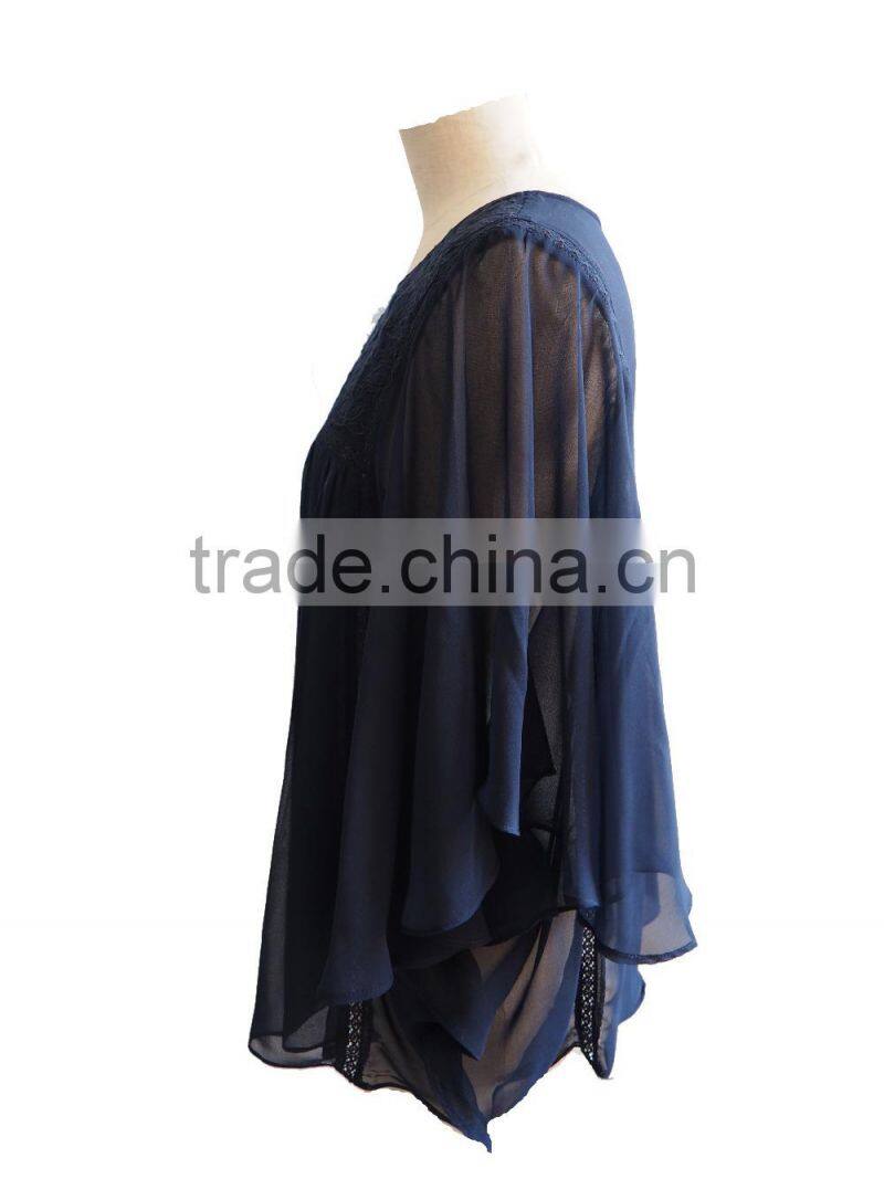 Sexy Chiffon Fluffy Bat Sleeve with Floral Embroidery Design Ladies Blouse Top