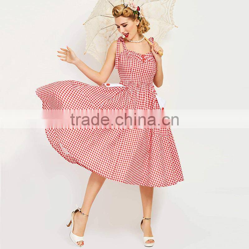 Vintage Dress 1950s Red Plaid Elegant Dresses Girls Party Dresses With Pocket