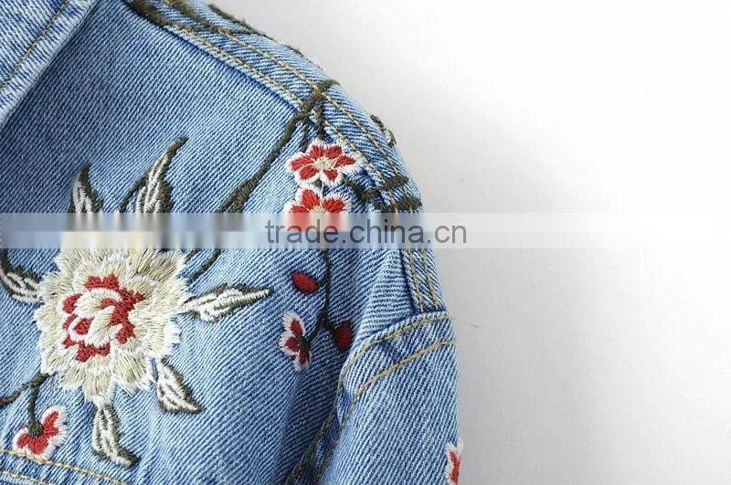 Women's spring rose pattern embroidered washed short tops denim jacket/coat