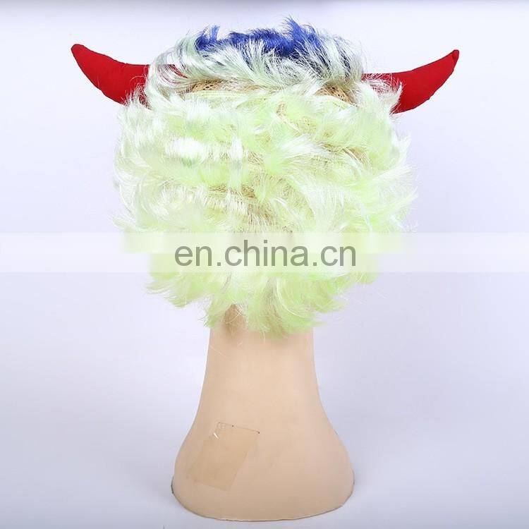 white and blue Devil Fans Wig with Horns