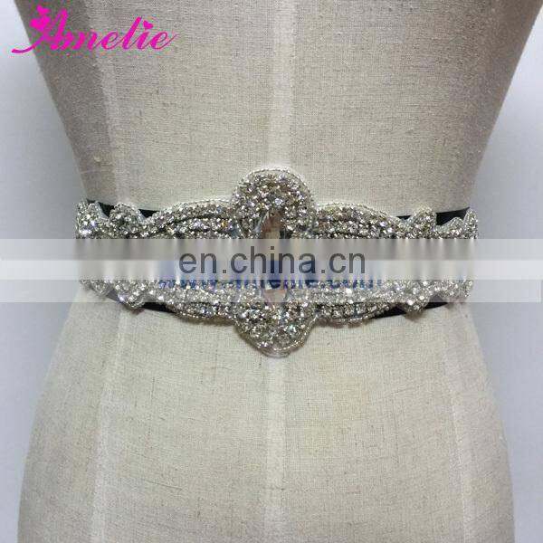 Long Rhinestone Trimming and Beads Sewed Wedding Bride Sash for Wedding Dress