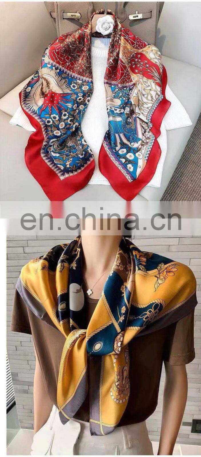 Wholesale spring and summer new artificial silk female scarf 90cm satin square silk scarf sunscreen beach towel