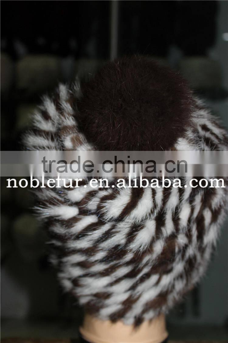 high quality fancy mink fur and fox fur ball/pretty knitted headwear with pompom