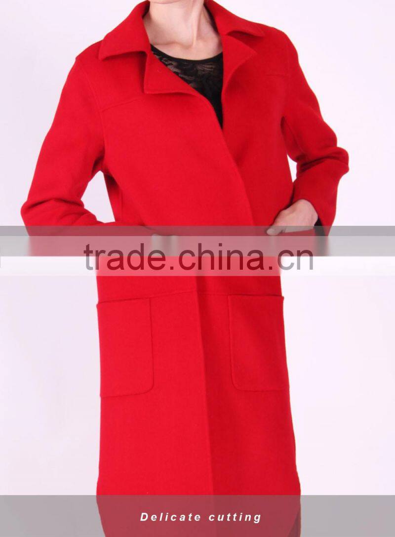 New Design Spring Women Medium Length Red Wool Coat
